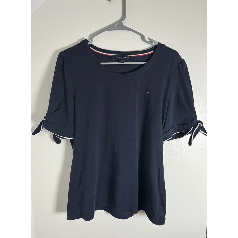 Tommy Hilfiger Womens Navy Blue Tie Sleeve Scoop Neck Top J52H0244 Size L